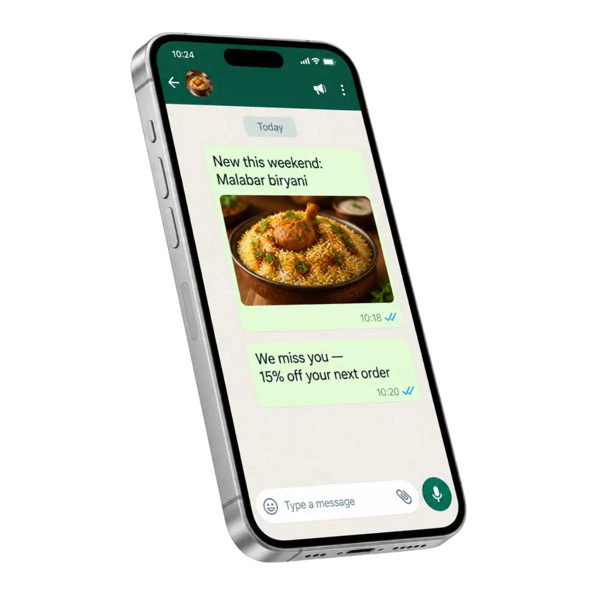 A WhatsApp message from the restaurant: 20 percent off this weekend with an Order now button.